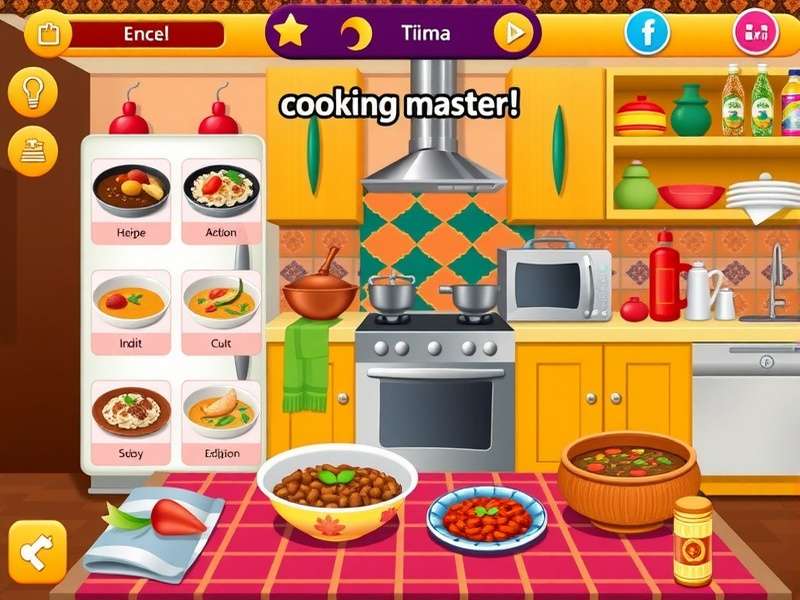 Gattu Cooking Master game screenshot showing colorful kitchen with Indian dishes